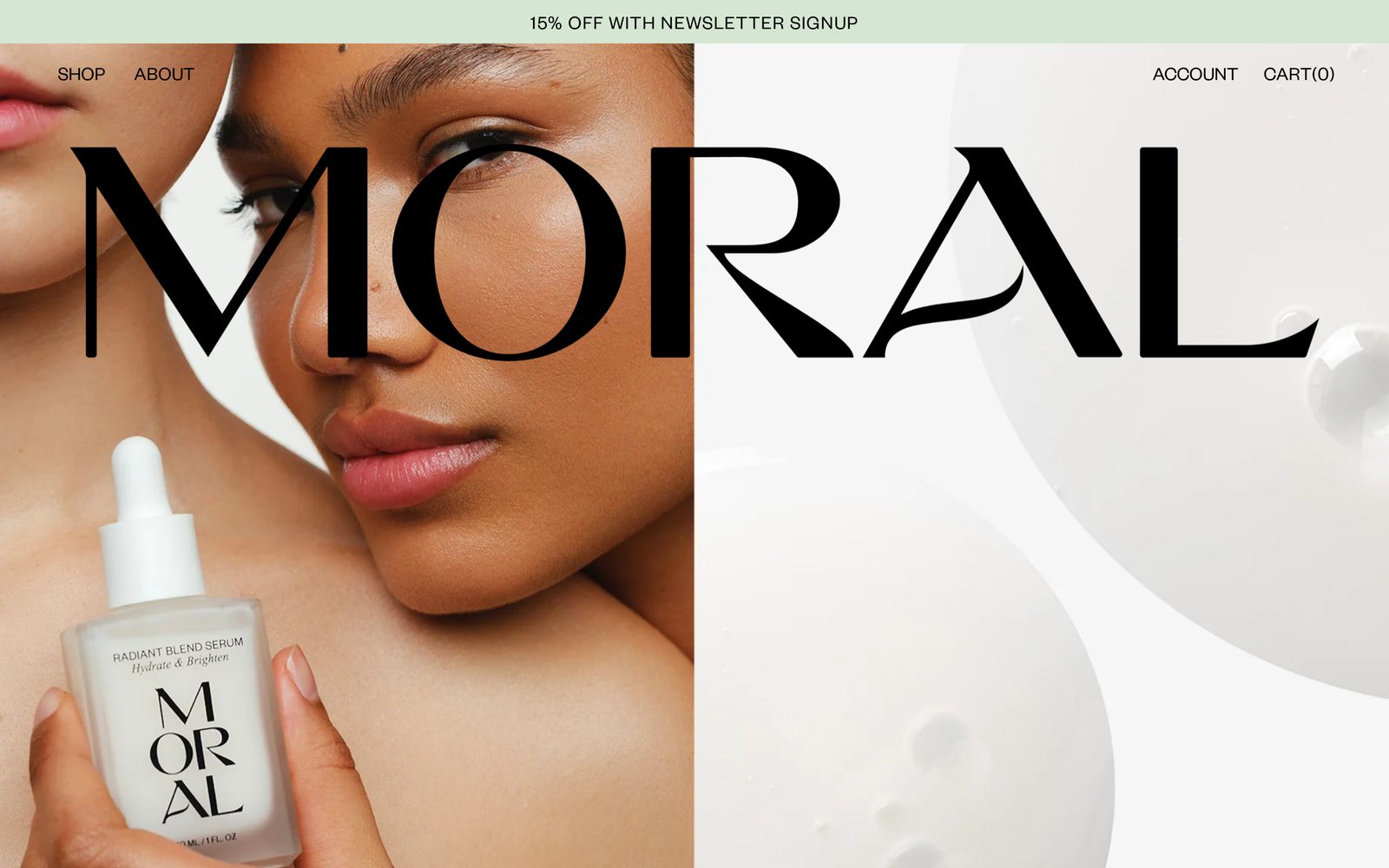 Moral Skin homepage split-screen hero with display logotype